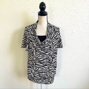 KIM ROGERS Black White Cowl Neck Zebra Stripes Animal Print Top Small EUC